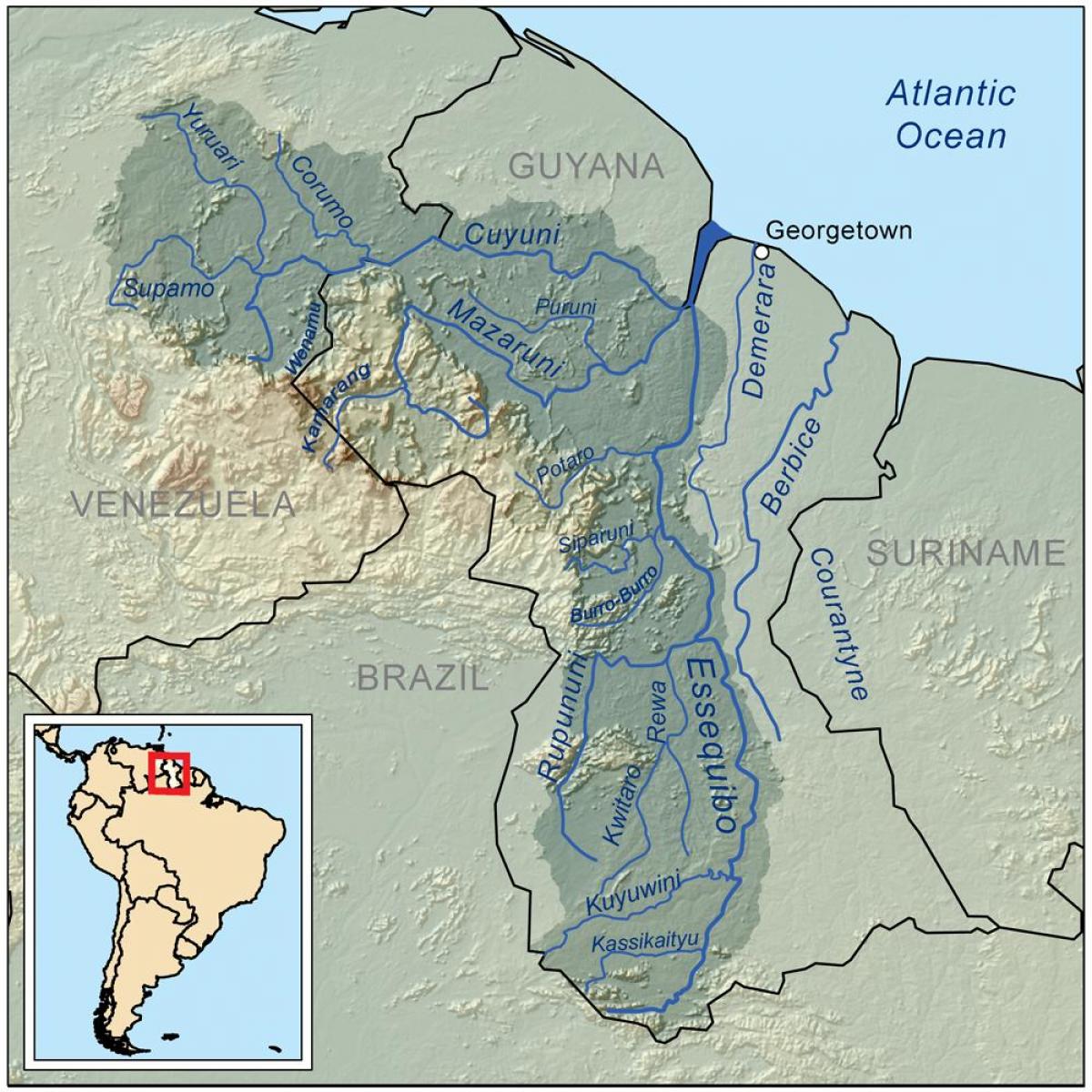 karta Gvajana, pokazuje tri glavna rijeka