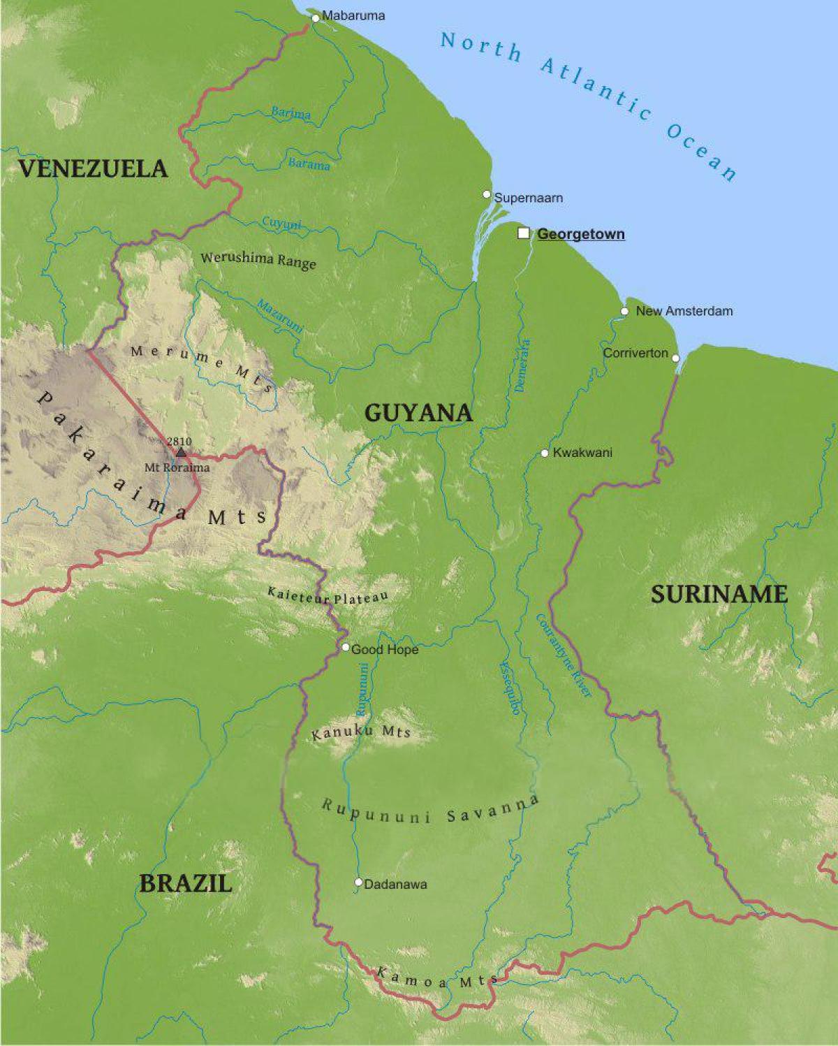 karta Gvajana, pokazuju niska obalna ravnica