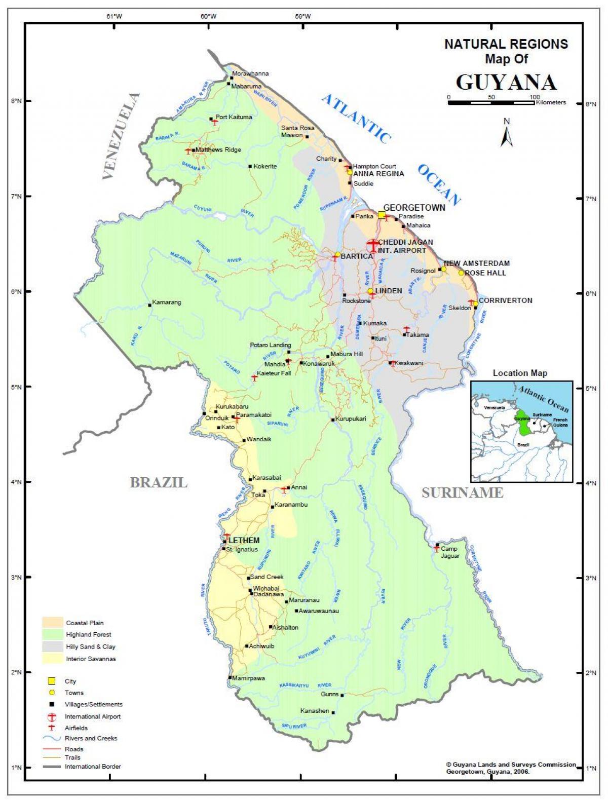 karta Gvajana, prikazuje 4 prirodne regije