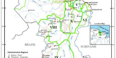 Karta Gvajana, sadrži deset administrativnih regija