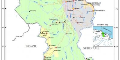 Karta Gvajana, prikazuje 4 prirodne regije